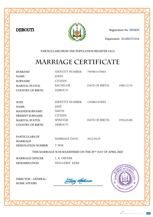 Download Djibouti marriage certificate Word and PDF template Photoshop template